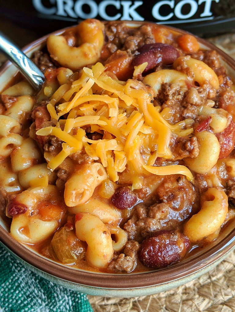 Crock Pot Cheddar Chili Mac
