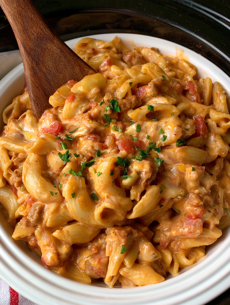 Crock Pot Rotel Pasta with Ground Beef and Cheese