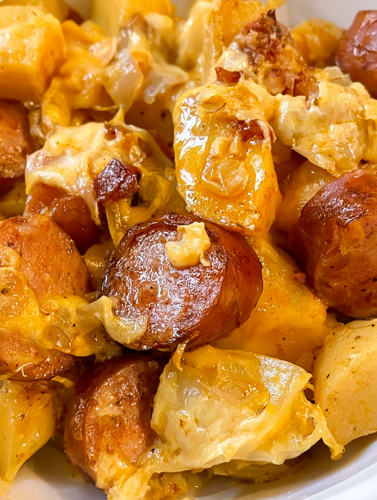 Cheesy Crockpot Beef Kielbasa and Potatoes